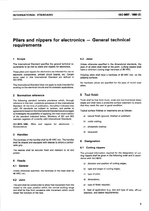 ISO 9657:1989 - Pliers and nippers for electronics -- General technical requirements
