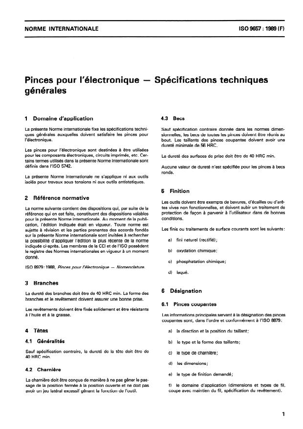 ISO 9657:1989 - Pinces pour l'électronique -- Spécifications techniques générales