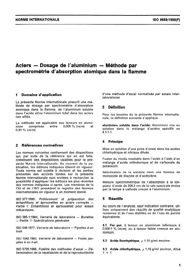 ISO 9658:1990 - Aciers -- Dosage de l'aluminium -- Méthode par spectrométrie d'absorption atomique dans la flamme