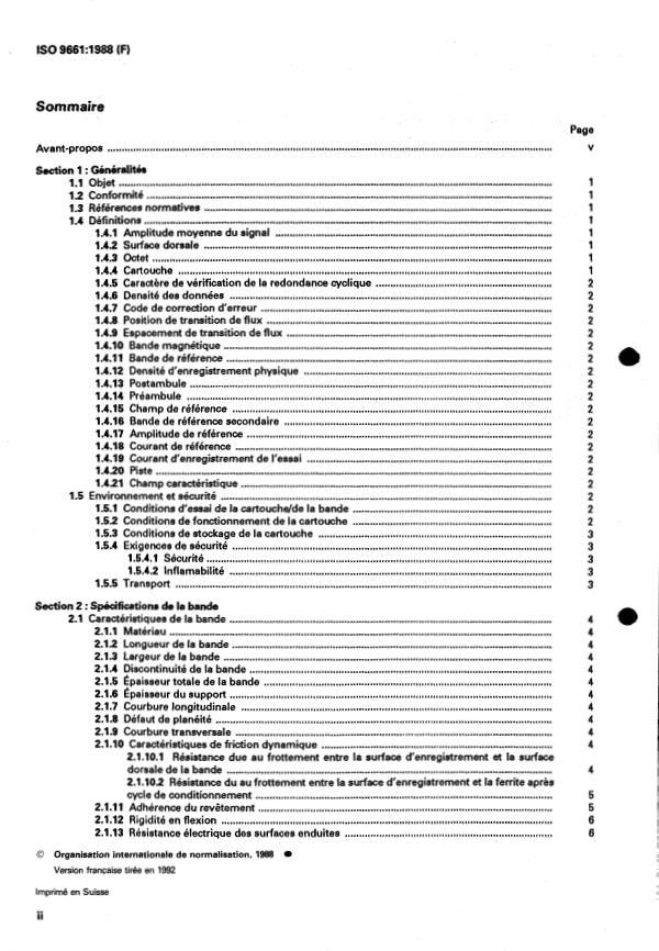 ISO 9661:1988 ISO 9661:1988 - Traitement de l'information -- Échange d'information sur cartouche de bande magnétique de 12,7 mm de large (0,5 in) -- 18 pistes, 1 491 caracteres par millimetre (37 871 caracteres par inch) - Page 2 preview