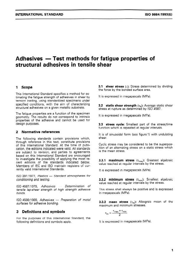 ISO 9664:1993 - Adhesives -- Test methods for fatigue properties of structural adhesives in tensile shear