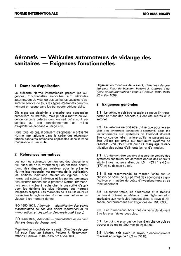 ISO 9666:1993 - Aéronefs -- Véhicules automoteurs de vidange des sanitaires -- Exigences fonctionnelles