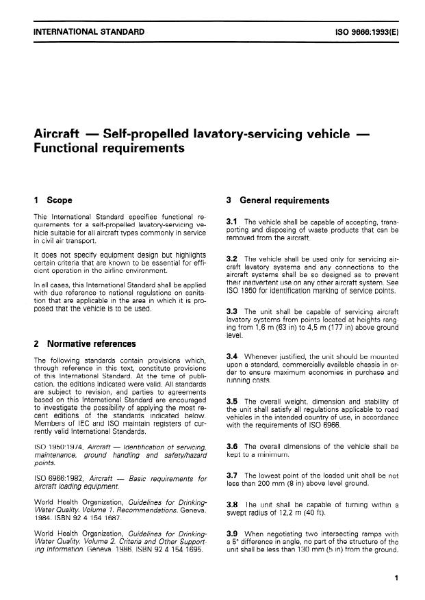 ISO 9666:1993 - Aircraft -- Self-propelled lavatory-servicing vehicle -- Functional requirements
