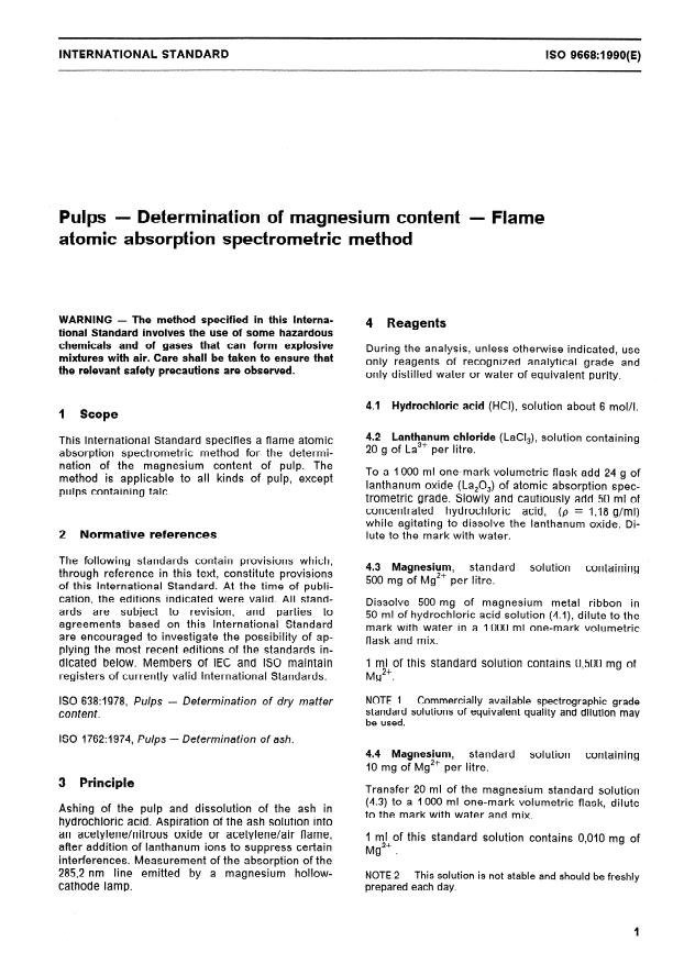 ISO 9668:1990 - Pulps -- Determination of magnesium content -- Flame atomic absorption spectrometric method