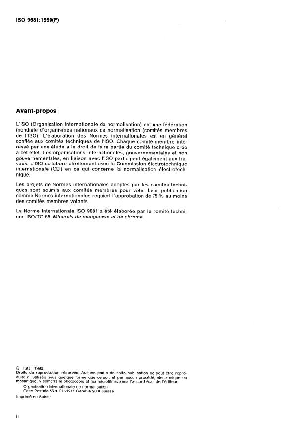 ISO 9681:1990 ISO 9681:1990 - Minerais et concentrés de manganese -- Dosage du fer -- Méthode par spectrométrie d'absorption atomique dans la flamme - Page 2 preview