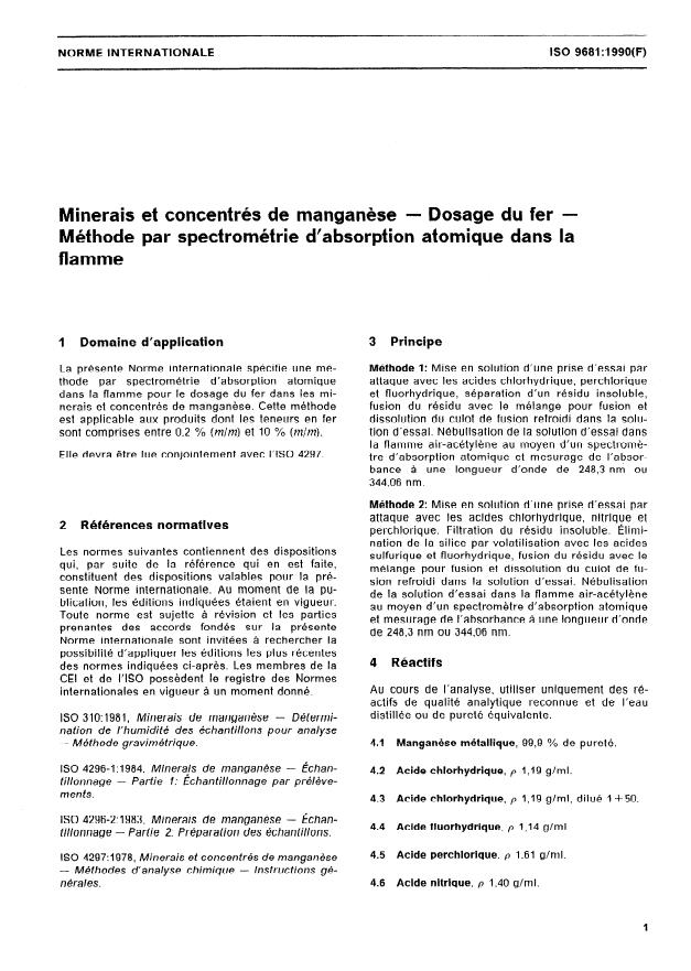 ISO 9681:1990 - Minerais et concentrés de manganese -- Dosage du fer -- Méthode par spectrométrie d'absorption atomique dans la flamme