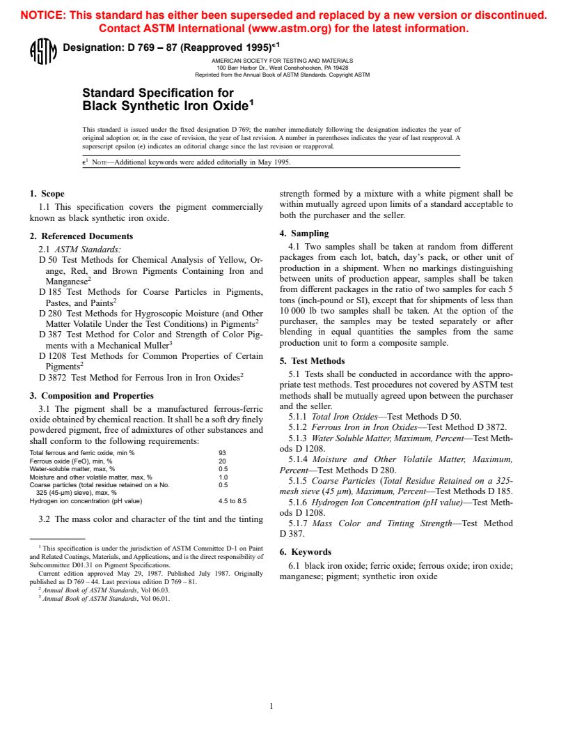 ASTM D769-87(1995)e1 - Standard Specification for Black Synthetic Iron Oxide