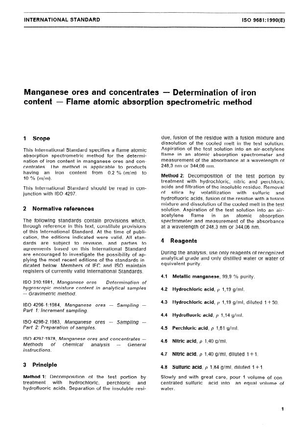 ISO 9681:1990 - Manganese ores and concentrates -- Determination of iron content -- Flame atomic absorption spectrometric method