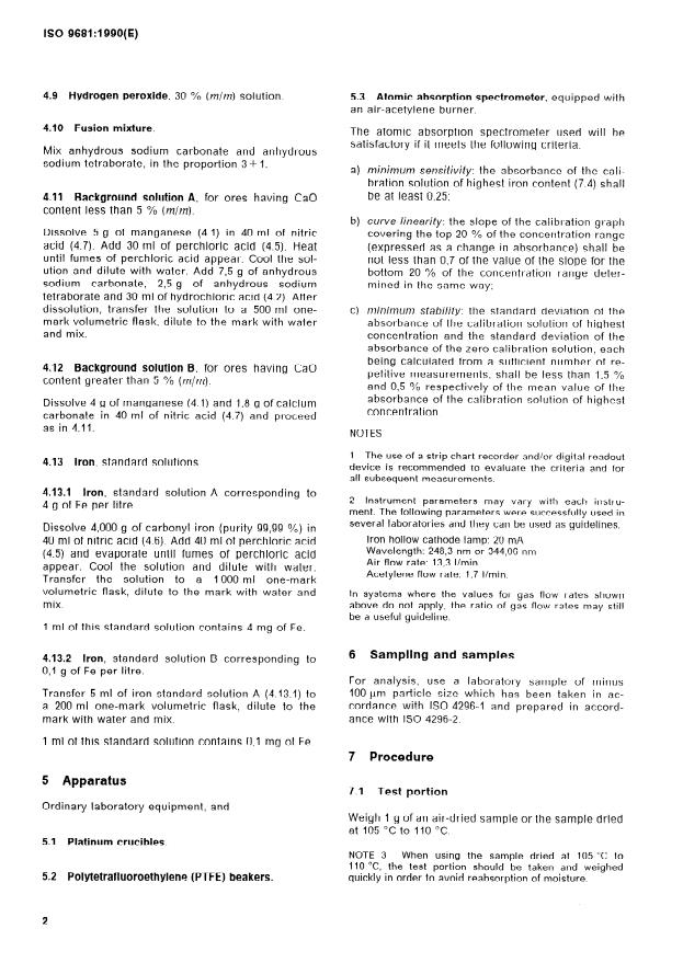 ISO 9681:1990 ISO 9681:1990 - Manganese ores and concentrates -- Determination of iron content -- Flame atomic absorption spectrometric method - Page 4 preview