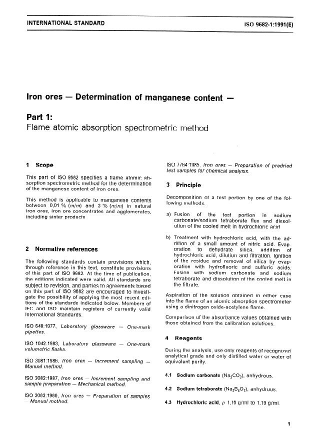 ISO 9682-1:1991 - Iron ores -- Determination of manganese content