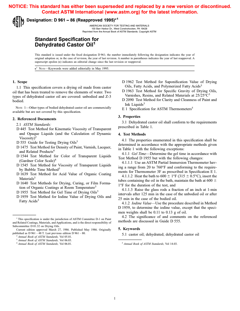 ASTM D961-86(1995)e1 - Standard Specification for Dehydrated Castor Oil