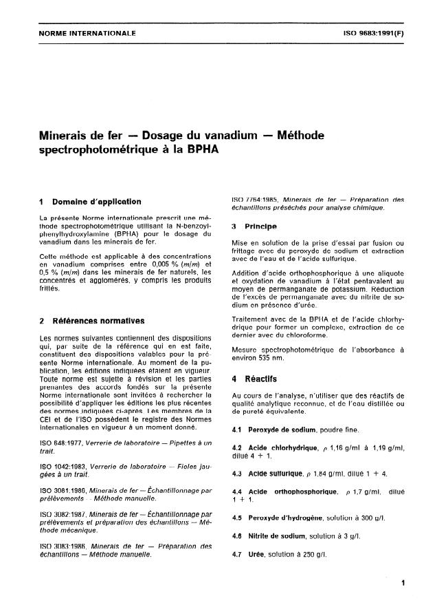 ISO 9683:1991 - Minerais de fer -- Dosage du vanadium -- Méthode spectrophotométrique a la BPHA