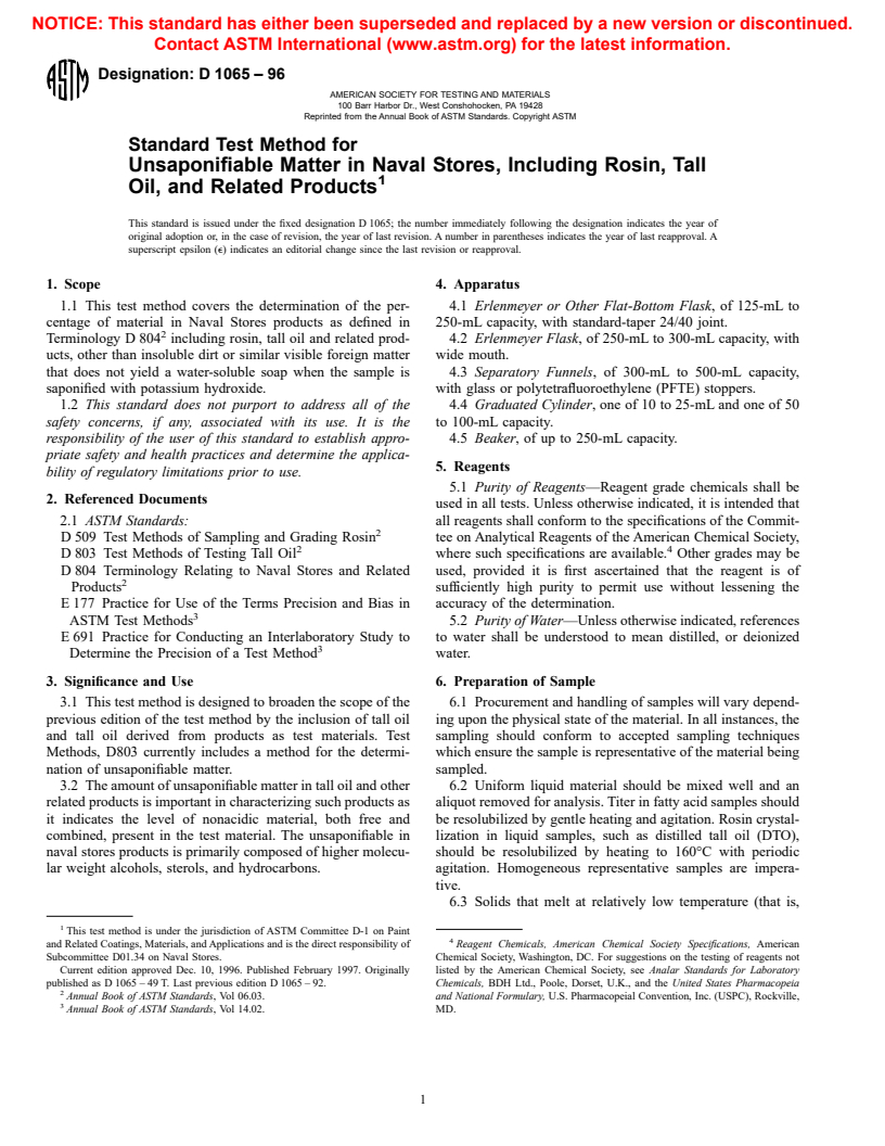 ASTM D1065-96 - Standard Test Method for Unsaponifiable Matter in Naval Stores, Including Rosin, Tall Oil, and Related Products