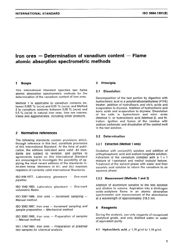 ISO 9684:1991 - Iron ores -- Determination of vanadium content -- Flame atomic absorption spectrometric methods