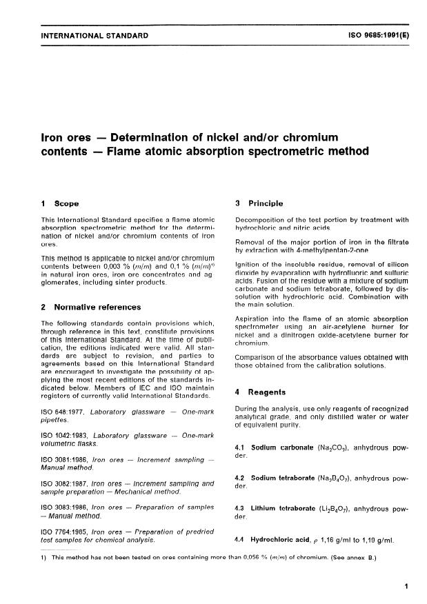 ISO 9685:1991 - Iron ores -- Determination of nickel and/or chromium contents -- Flame atomic absorption spectrometric method