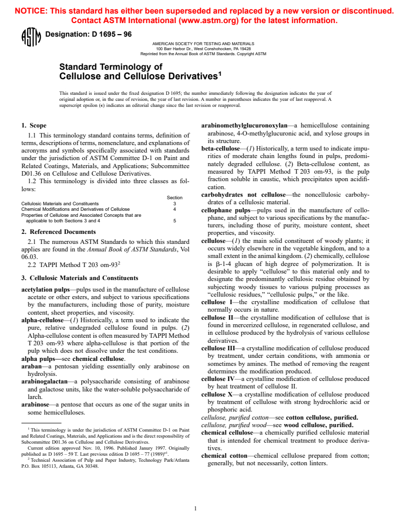 ASTM D1695-96 - Standard Terminology of Cellulose and Cellulose Derivatives