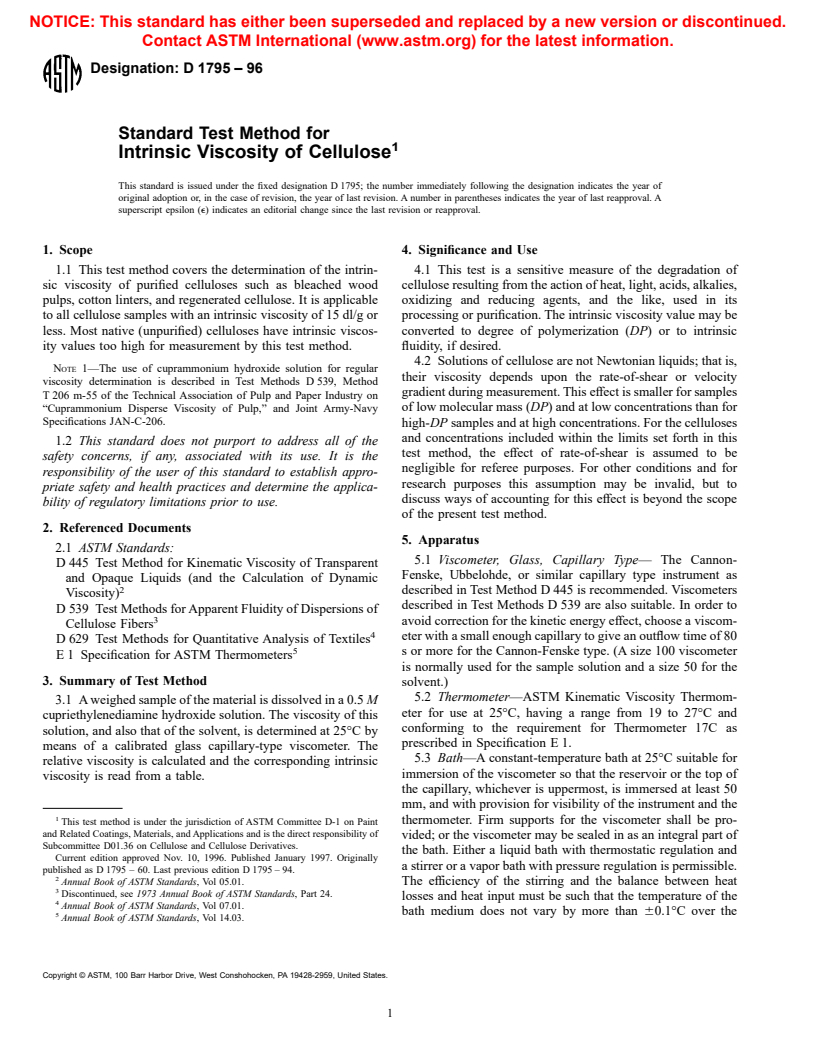 ASTM D1795-96 - Standard Test Method for Intrinsic Viscosity of Cellulose