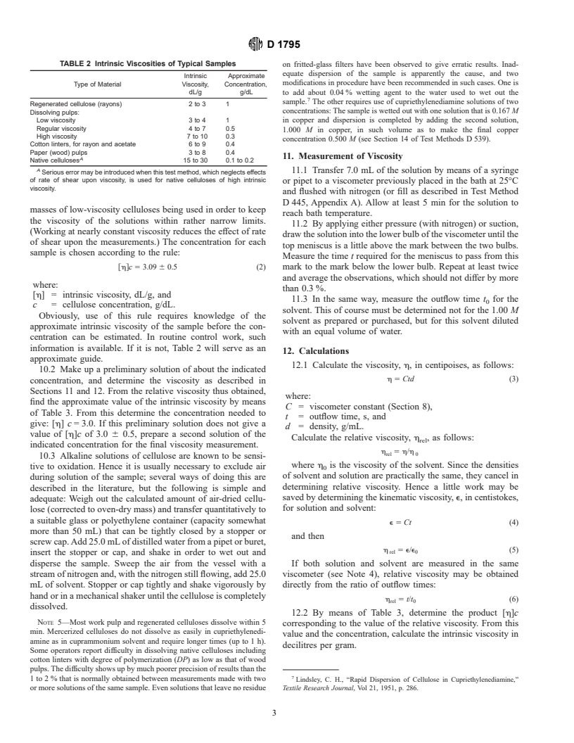 ASTM D1795-96 - Standard Test Method for Intrinsic Viscosity of Cellulose