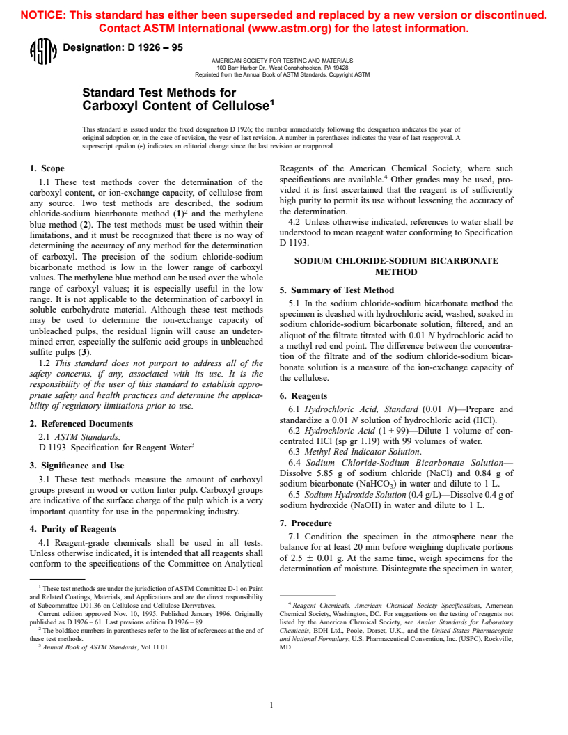 ASTM D1926-95 - Standard Test Methods for Carboxyl Content of Cellulose