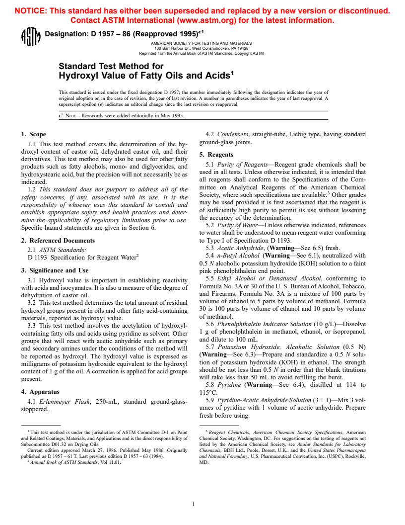 ASTM D1957-86(1995)e1 - Standard Test Method for Hydroxyl Value of Fatty Oils and Acids