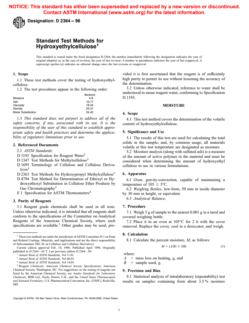 ASTM D2364-96 - Standard Test Methods for Hydroxyethylcellulose