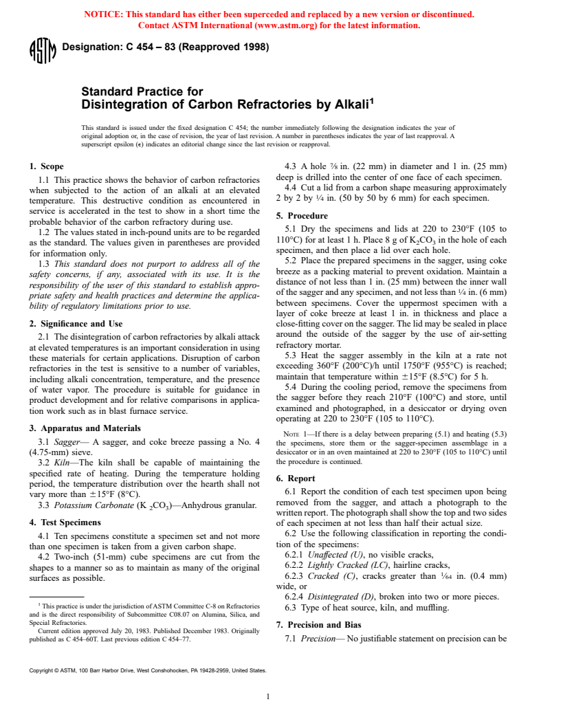 ASTM C454-83(1998) - Standard Practice for Disintegration of Carbon Refractories by Alkali