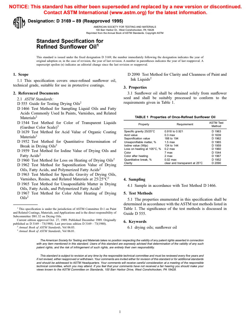 ASTM D3169-89(1995) - Standard Specification for Refined Sunflower Oil