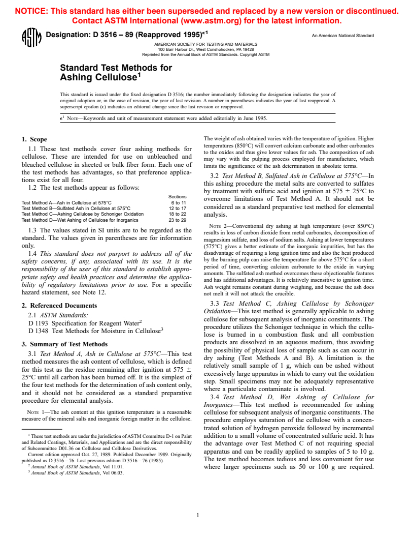 ASTM D3516-89(1995)e1 - Standard Test Methods for Ashing Cellulose