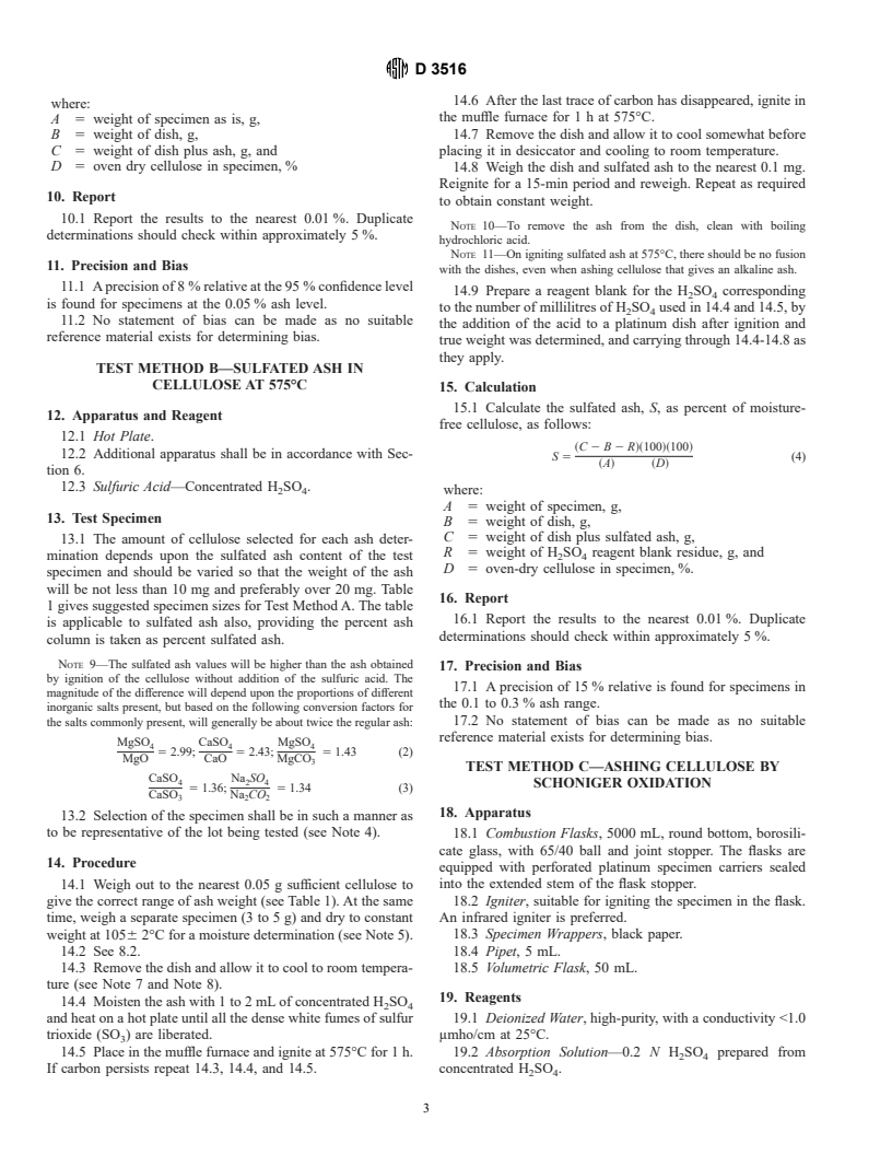 ASTM D3516-89(1995)e1 - Standard Test Methods for Ashing Cellulose