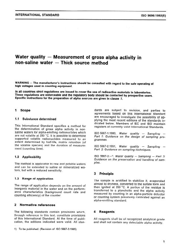 ISO 9696:1992 - Water quality -- Measurement of gross alpha activity in non-saline water -- Thick source method