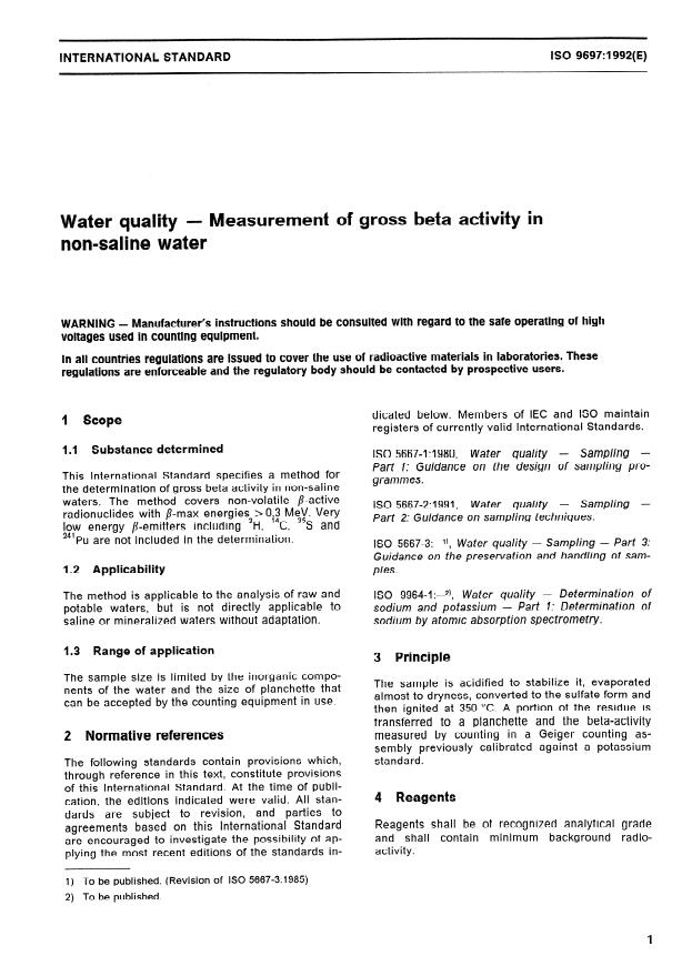 ISO 9697:1992 - Water quality -- Measurement of gross beta activity in non-saline water