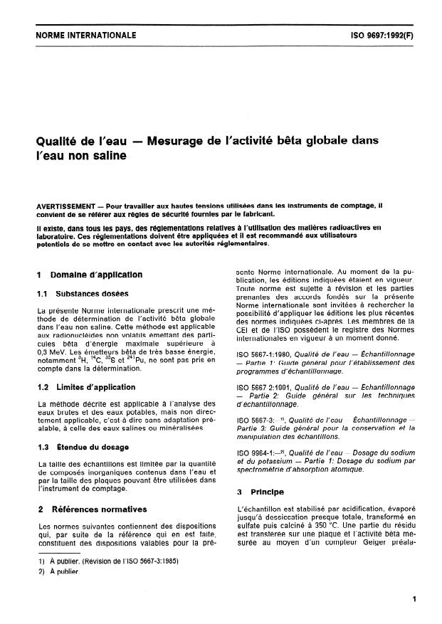 ISO 9697:1992 - Qualité de l'eau -- Mesurage de l'activité beta globale dans l'eau non saline