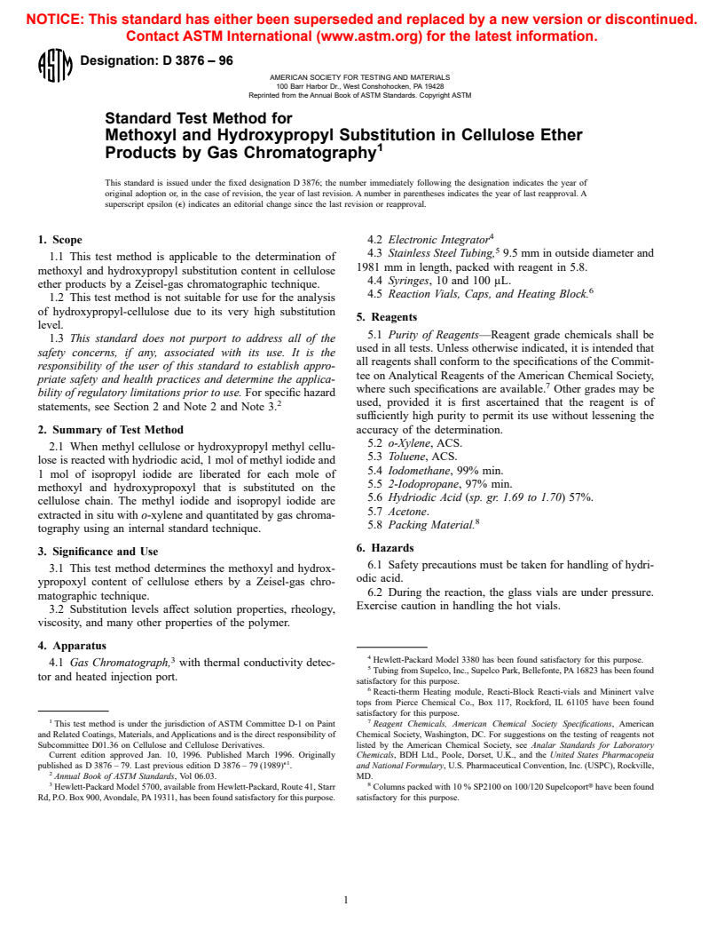 ASTM D3876-96 - Standard Test Method for Methoxyl and Hydroxypropyl Substitution in Cellulose Ether Products by Gas Chromatography