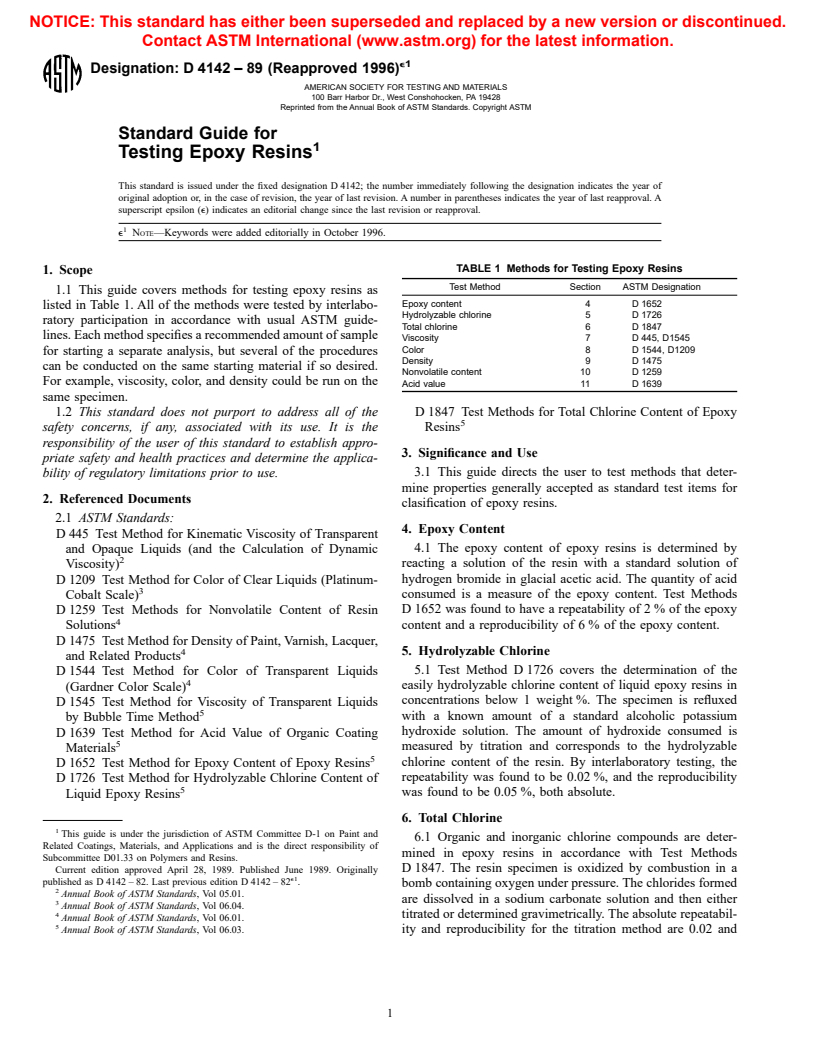 ASTM D4142-89(1996)e1 - Standard Guide for Testing Epoxy Resins