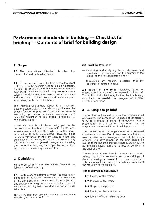 ISO 9699:1994 - Performance standards in building -- Checklist for briefing -- Contents of brief for building design