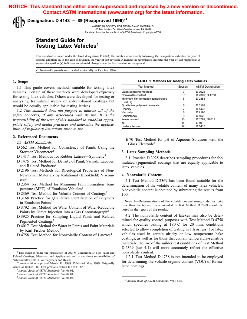 ASTM D4143-89(1996)e1 - Standard Guide for Testing Latex Vehicles