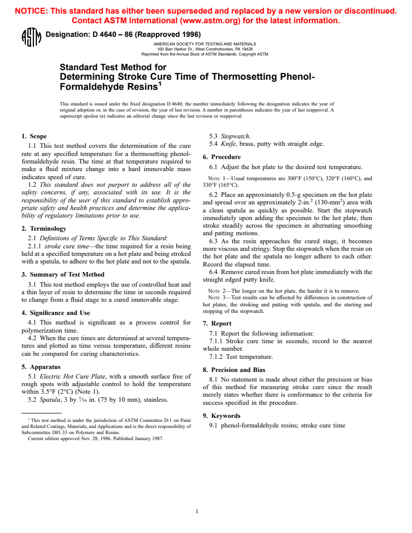 ASTM D4640-86(1996) - Standard Test Method for Determining Stroke Cure Time of Thermosetting Phenol-Formaldehyde Resins