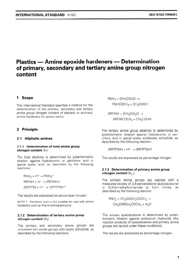 ISO 9702:1996 - Plastics -- Amine epoxide hardeners -- Determination of primary, secondary and tertiary amine group nitrogen content