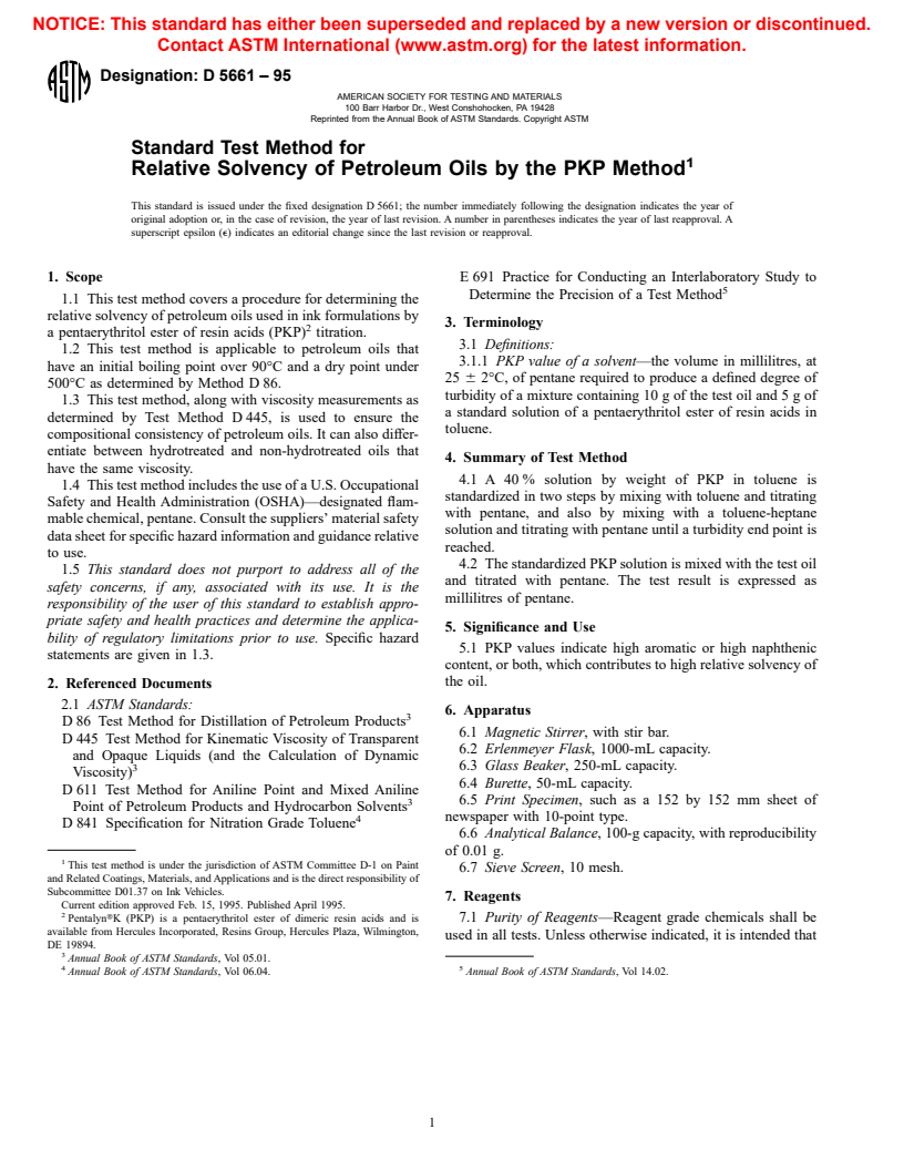 ASTM D5661-95 - Standard Test Method for Relative Solvency of Petroleum Oils by the PKP Method