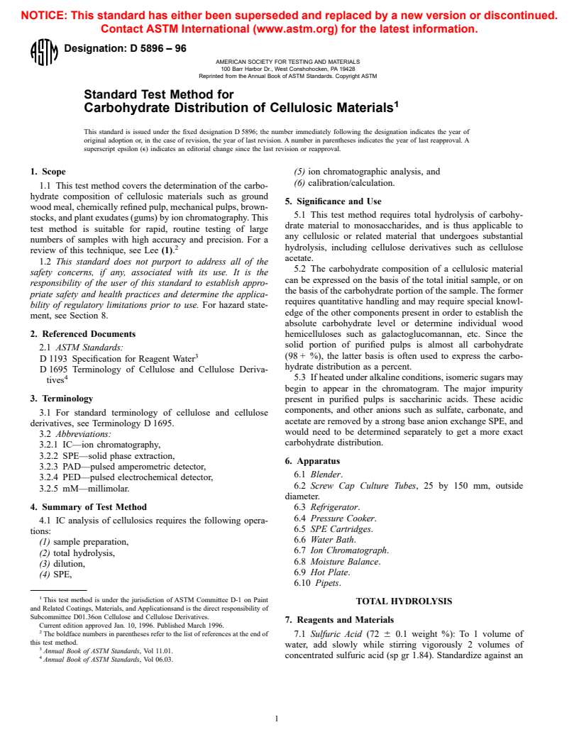 ASTM D5896-96 - Standard Test Method for Carbohydrate Distribution of Cellulosic Materials