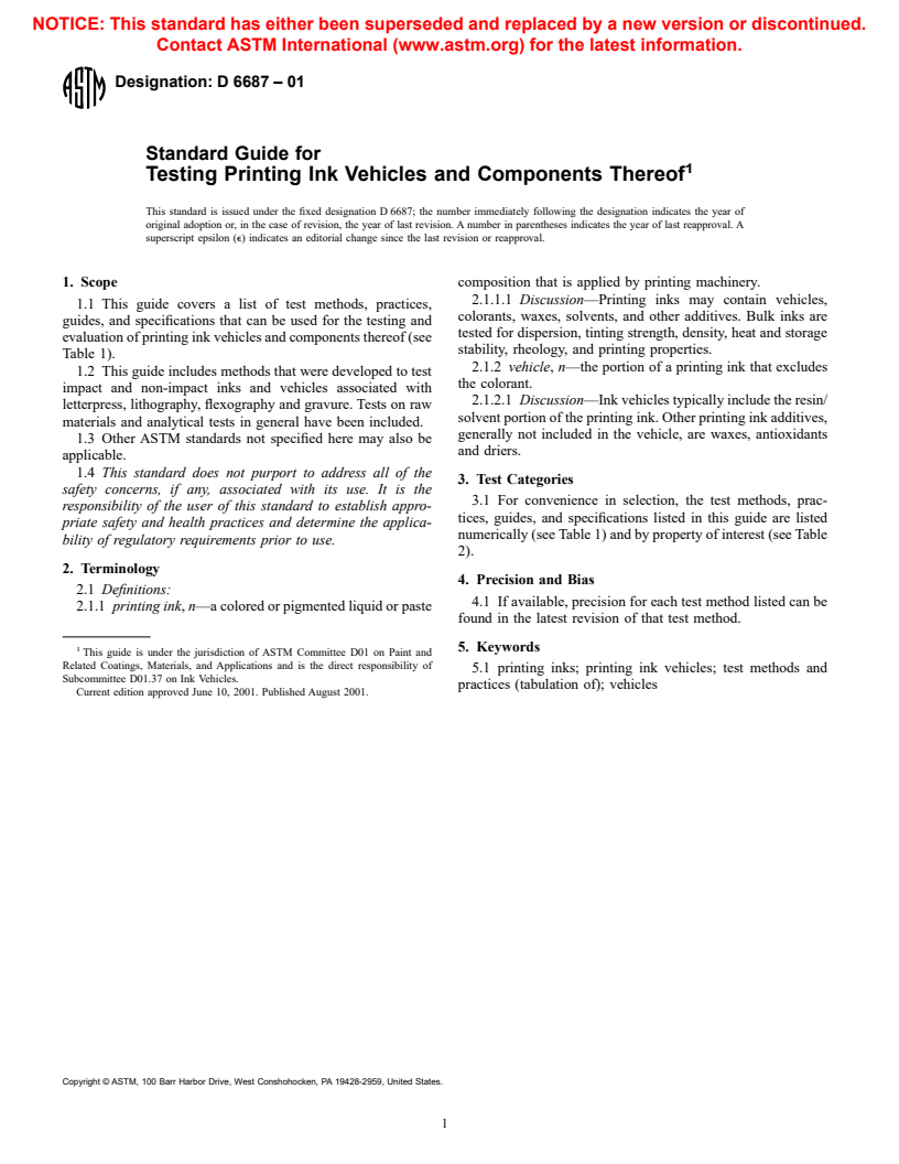 ASTM D6687-01 - Standard Guide for Testing Printing Ink Vehicles and Components Thereof