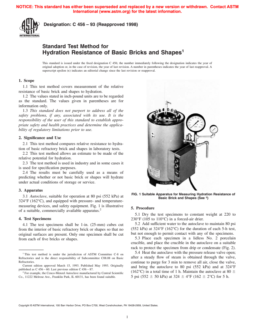 ASTM C456-93(1998) - Standard Test Method for Hydration Resistance of Basic Bricks and Shapes