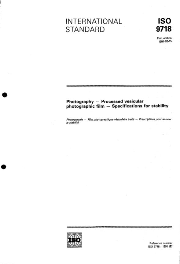 ISO 9718:1991 - Photography -- Processed vesicular photographic film -- Specifications for stability