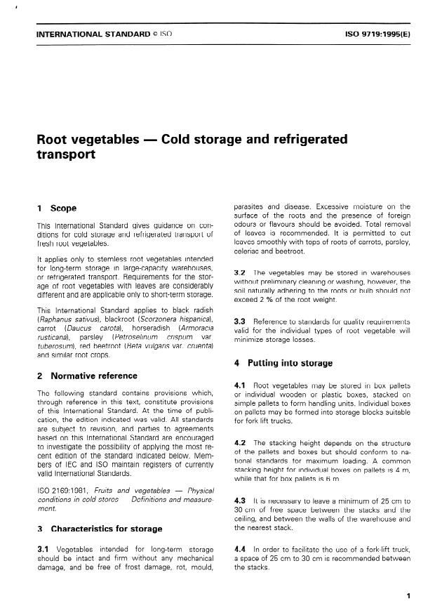 ISO 9719:1995 - Root vegetables -- Cold storage and refrigerated transport