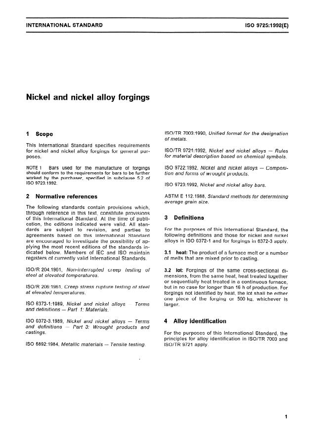ISO 9725:1992 - Nickel and nickel alloy forgings