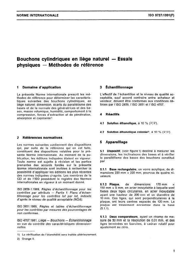 ISO 9727:1991 - Bouchons cylindriques en liege naturel -- Essais physiques -- Méthodes de référence
