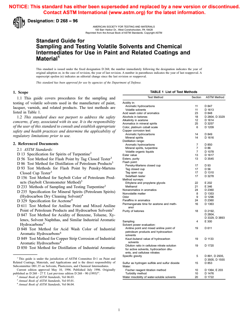 ASTM D268-96 - Standard Guide for Sampling and Testing Volatile Solvents and Chemical Intermediates for Use in Paint and Related Coatings and Material