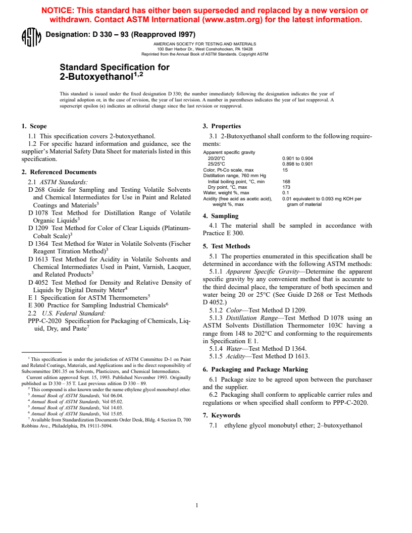 ASTM D330-93(1997) - Standard Specification for 2-Butoxyethanol