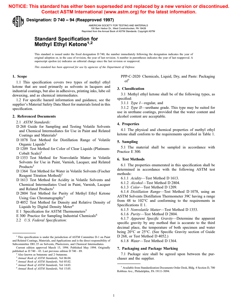 ASTM D740-94(1997) - Standard Specification for Methyl Ethyl Ketone