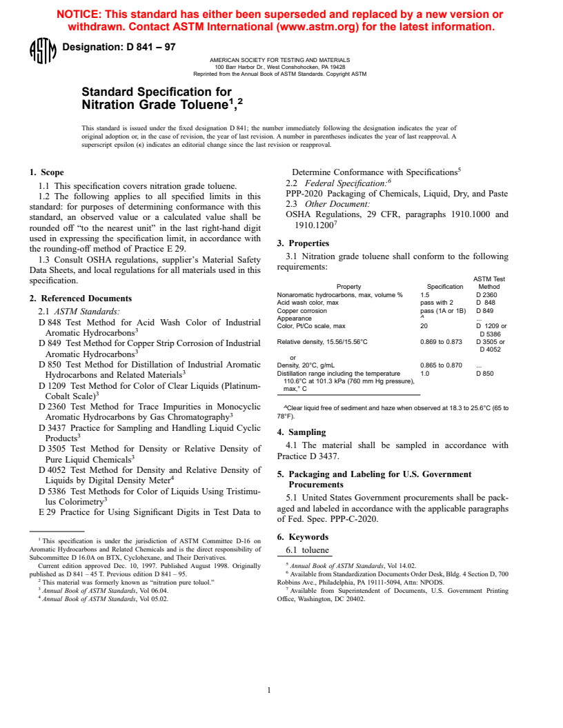 ASTM D841-97 - Standard Specification for Nitration Grade Toluene